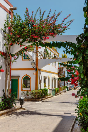 Puerto de Mogan, Gean Canaria, Spain, 18 July, 2022: historic center of puerto de mogan with lots of bougainvillea flowers, Canary Islandのeditorial素材