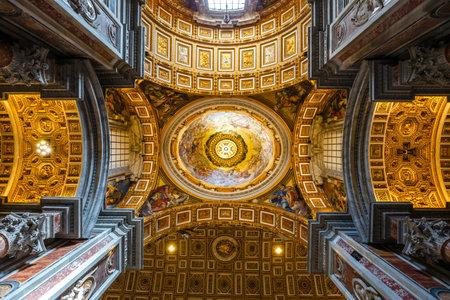 Vatican, Italy - November 25, 2023: Interior of St. Peter's basilica ceiling fresco, Vatican, Italy.