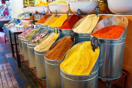 Bowls with spices on the market in Marrakech, Moroccoの写真素材