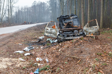 Burned car wreckの写真素材