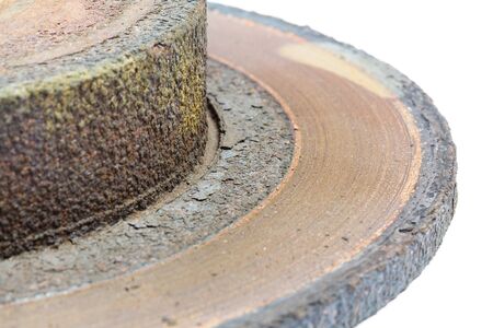 Excessively used rusty brake disc close-up: too thin, covered with rust, with border and with scorched areaの写真素材