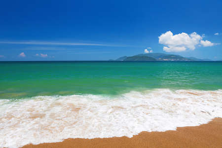 Clear blue sky over emerald South China Sea, Nha Trang, Khanh Hoa province, Vietnamの写真素材