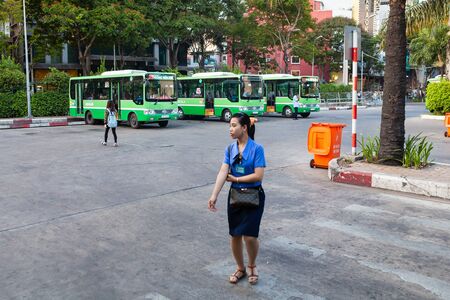 Ho Chi Minh City (Saigon), Vietnam - March 8 2017: city bus station near backpackers area.のeditorial素材