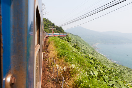 Travelling by train, one of most beautiful railway route from Hue to Da Nang, Vietnamの写真素材
