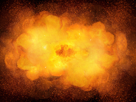 Huge realistic hot explosion, orange color with sparks and hot smokeの写真素材
