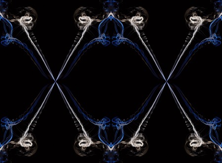 Ecru and blue abstract twisted smoke isolated on black background, formed in circles and lines. Pattern is in loop, great looking on big surfacesの写真素材