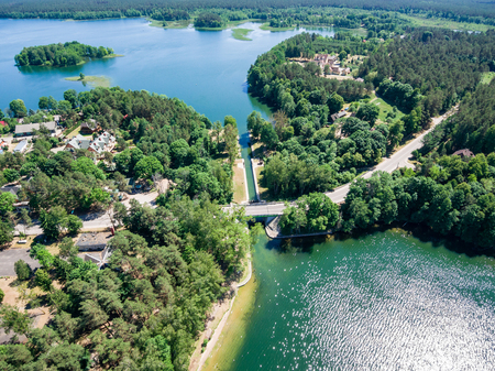 Aerial view of watergate "Przewiez, Biale Augustowskie and Studziennicze lakes, Polandの写真素材