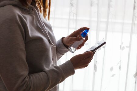 Precautions regarding coronavirus, cell phone disinfectionの写真素材