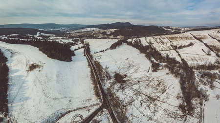 Lower Beskid, Carpathian Mountain Range in winter aerial viewの写真素材