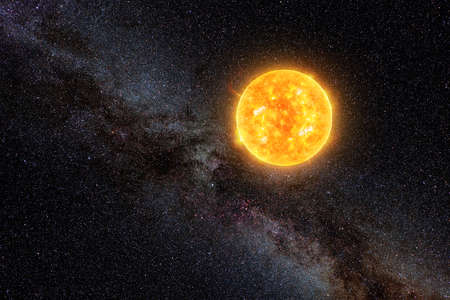 Bright Sun against dark starry sky and Milky Way in Solar System, elements of this image furnished...