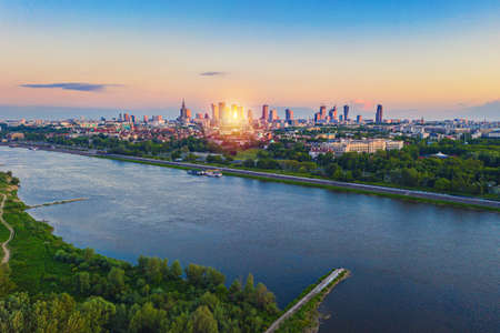Aerial view of Warsaw city center and Vistula river in the eveningの写真素材