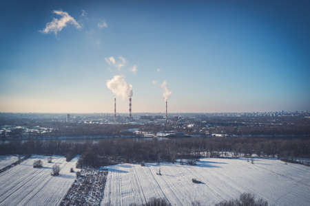 Power plant witch chimneys and smoke aerial viewの写真素材