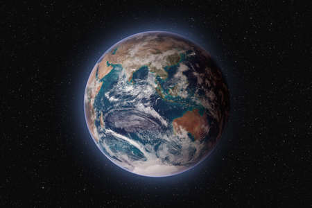 Planet Earth against dark starry sky background