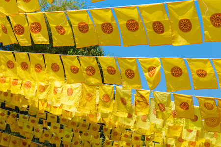 Tradition yellow prayers flag in Wat Phan Tao temple, Chiang Maiの写真素材