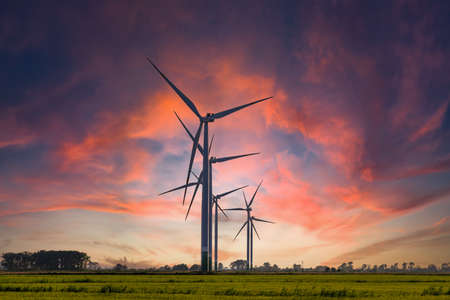 Windmill farm on green meadow under moody red sky, green energy production using wind power