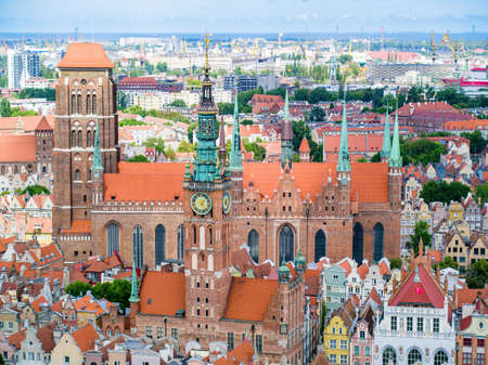 Tourist destination of Gdansk, Town Hall and St. Mary's Basilica, aerial landscapeの写真素材