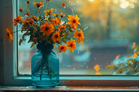 - orange flowers on the windowsill in a blue vase, generatve ai