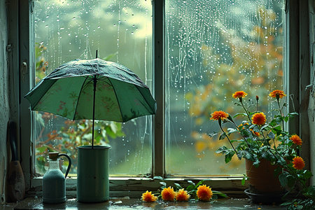 - still life in green tones, rainy day, generative ai