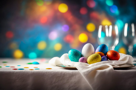 - Easter festive table with eggs and bokeh, generative ai