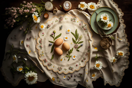 - beautiful Easter breakfast with eggs and flowers, generative ai