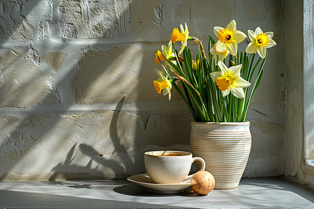 - daffodils in a vase, coffee and eggs, generative aiの写真素材