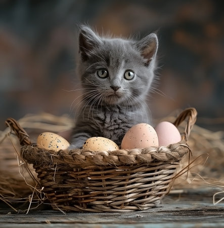 - gray kitten in a basket with colored eggs, generative aiの素材