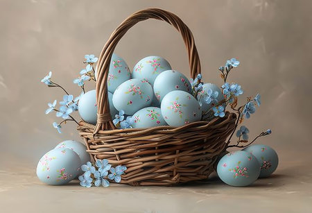 - Easter basket with blue eggs and blue flowers, generative aiの素材