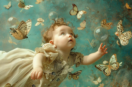 - small child in spring with butterfliesの写真素材