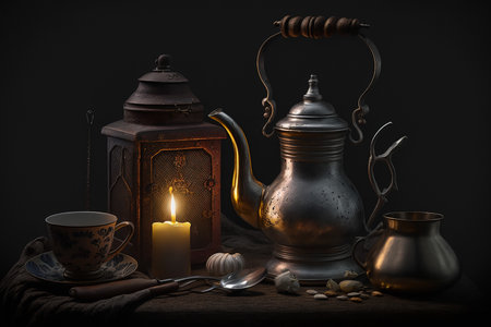 - still life, composition with metal vessels in candlelight 1, generative aiの素材