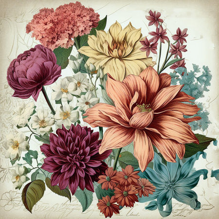 - flowers on old paper, vintage 1, generative aiの素材