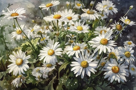 - watercolor painting with white daisy on meadow 9,generative aiの素材