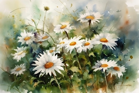 - watercolor painting with white daisy on meadow 6,generative aiの素材