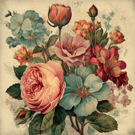 - flowers on old paper, vintage  , generative aiの素材