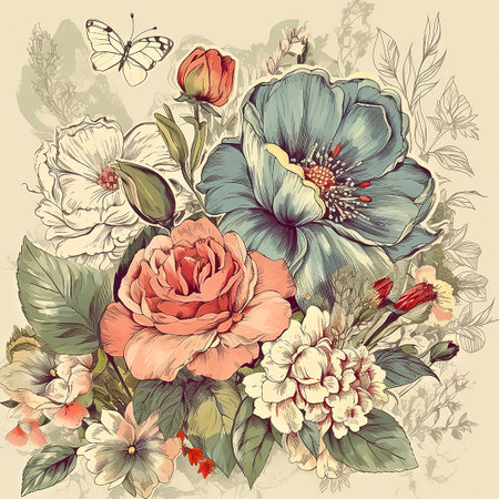 - flowers on old paper, vintage , generative aiの素材