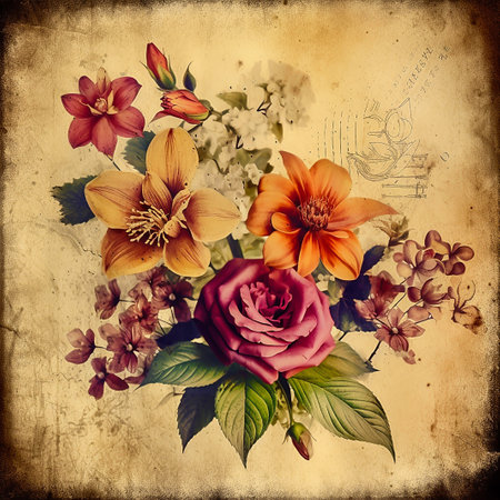 - flowers on old paper, vintage 3, generative aiの素材