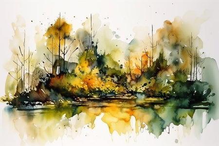 - Abstract watercolor autumn landscape, gold color, minimalism 2, generative aiの素材