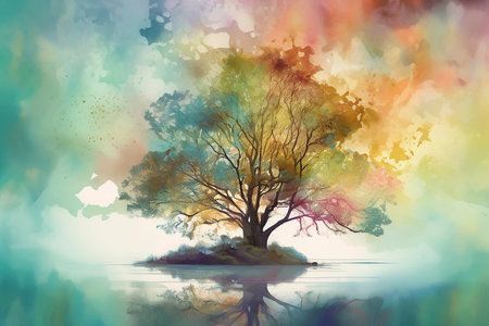 - Colorful tree in the lake, Digital painting 8, generative aiの素材