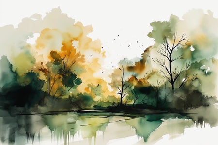 - Abstract watercolor autumn landscape, gold color, minimalism 6, generative aiの素材