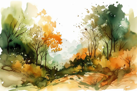 - Abstract watercolor autumn landscape, gold color, minimalism 7, generative aiの素材