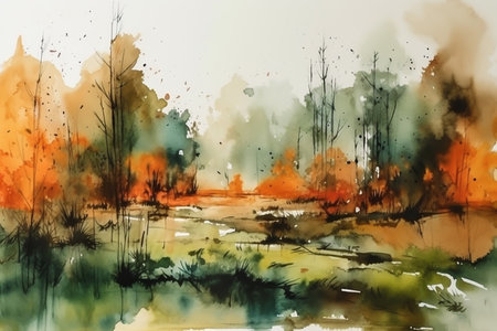 - Abstract watercolor autumn landscape, gold color, minimalism 5, generative aiの素材