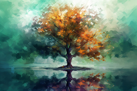 Colorful tree in the lake, Digital painting 1, generative aiの素材