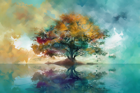 - Colorful tree in the lake, Digital painting  , generative aiの素材