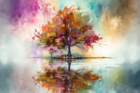 - Colorful tree in the lake, Digital painting 6, generative aiの素材