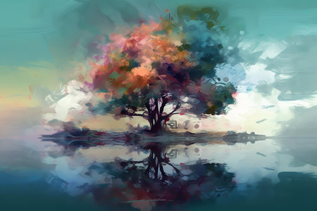Colorful tree in the lake, Digital painting for interior, generative aiの素材