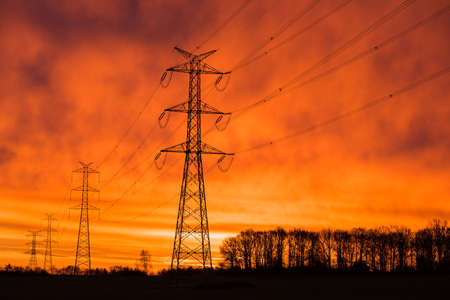 Electric line and pools at sunreiseの写真素材