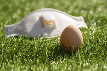 Egg on the grass as a symbol of Easter and face mask as a symbol of Coronavirus Covid-19