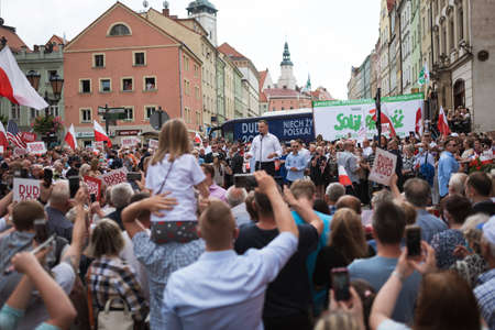 ZLOTORYJA, POLAND - JUNE 12, 2020. President of Poland Andrzej Duda during election meeting with residents of Zlotoryja.のeditorial素材