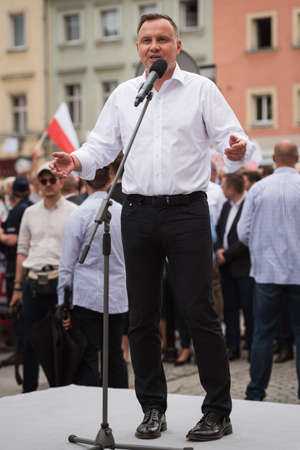 ZLOTORYJA, POLAND - JUNE 12, 2020. President of Poland Andrzej Duda during election meeting with residents of Zlotoryja.のeditorial素材