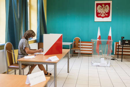 SCINAWA, POLAND - JUNE 28, 2020: The voter during elections for president of Poland.