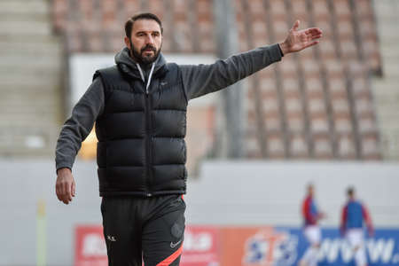 LUBIN, POLAND - FEBRUARY 21, 2021: Football match Polish PKO Ekstraklasa between KGHM Zaglebie Lubin - Rakow Czestochowa 1: 2. Martin Sevela head coach of Zaglebie.のeditorial素材